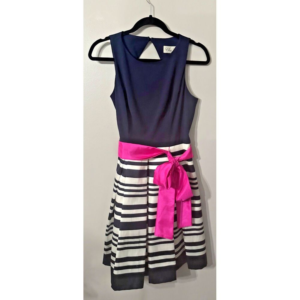 Eliza J Women's Fit & Flare Dress with Pink Belt Navy and White, Sz 6 Party